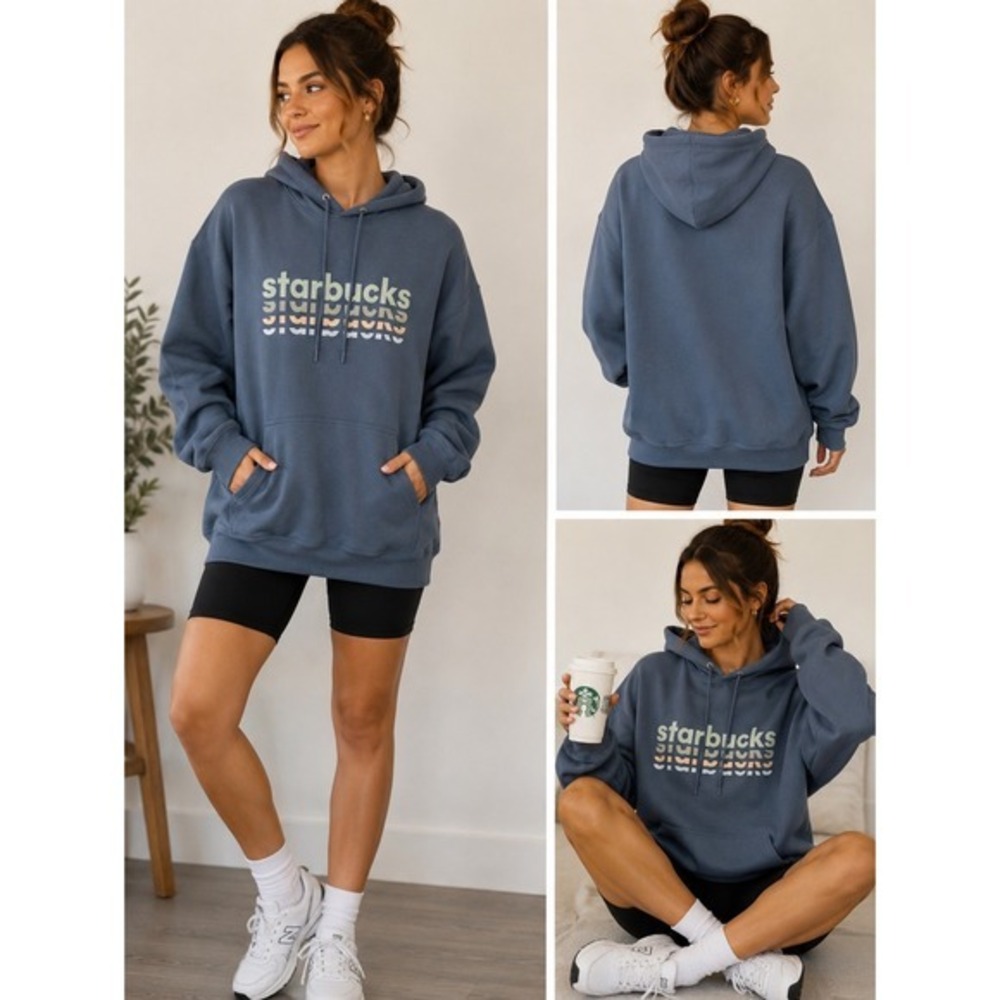 Starbucks Graphic Hoodie Slate Blue Oversized Cozy Sweatshirt Size M